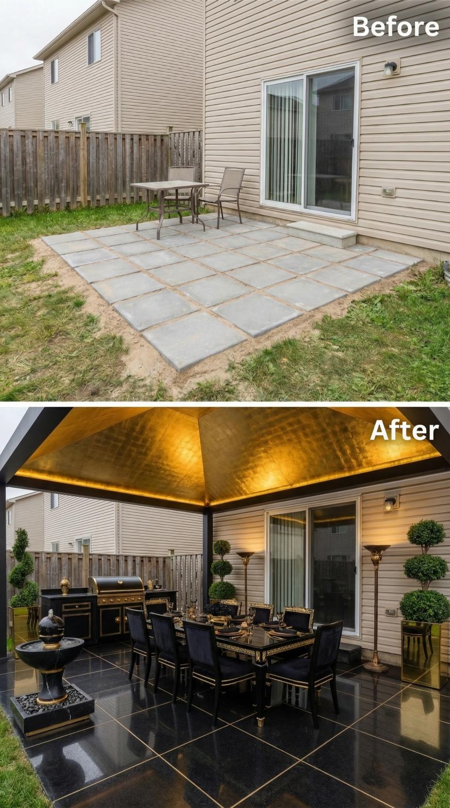 Concrete Pavers Swapped for Black Porcelain Tile Under Golden Pergola