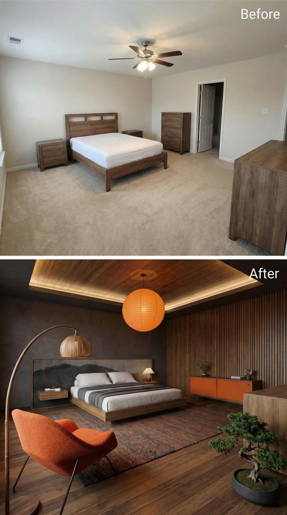 Wood Slat Wall and Tray Ceiling with Amber Pendant Launch Retro Revival