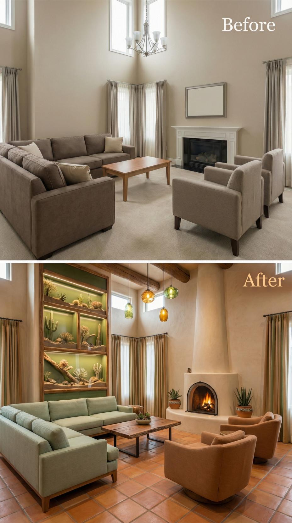 Backlit Cactus Display and Arched Kiva Fireplace Displace Neutral Sprawl