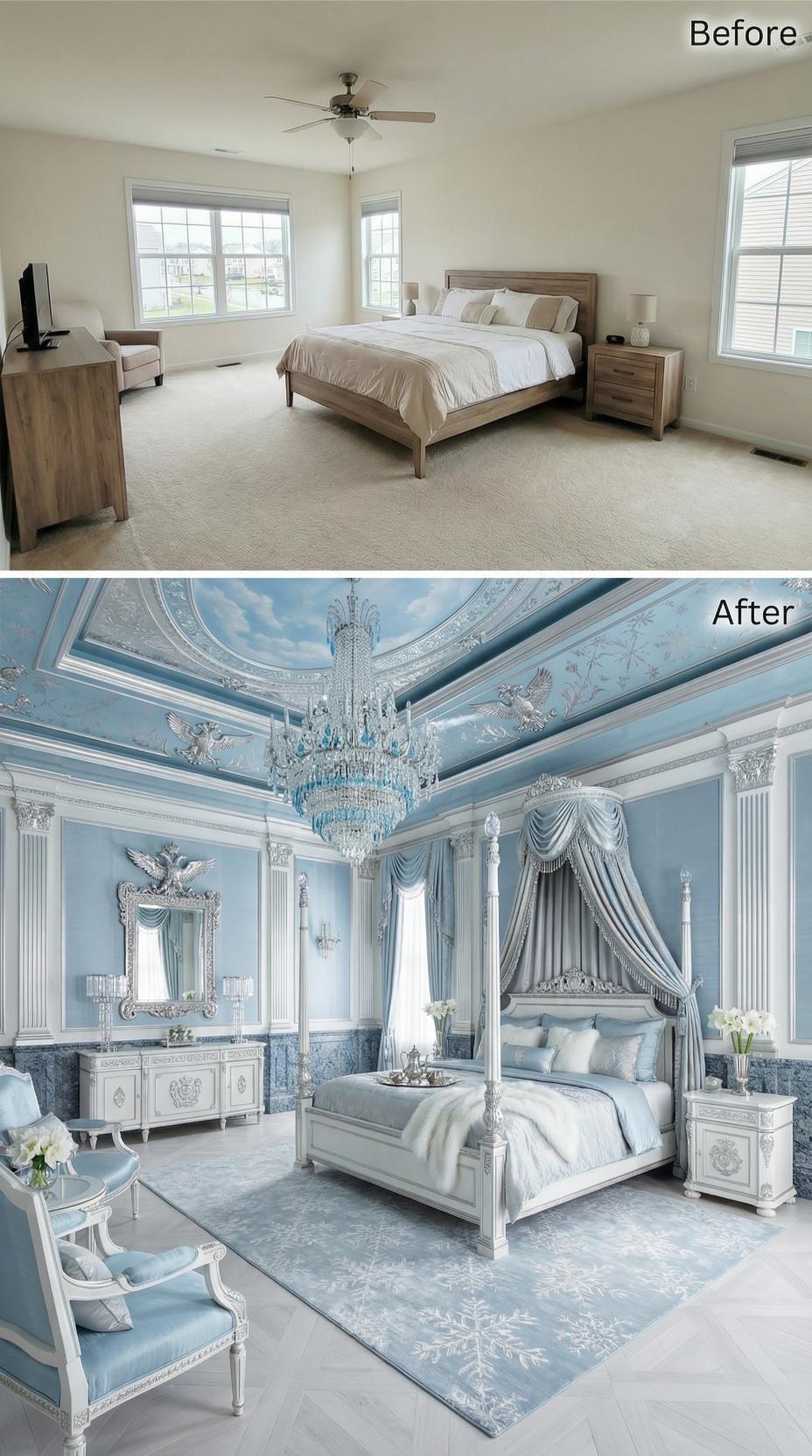 Sky-Blue Neoclassical Plasterwork, Crystal Chandelier, and a Silver Four-Poster Under a Painted Vault