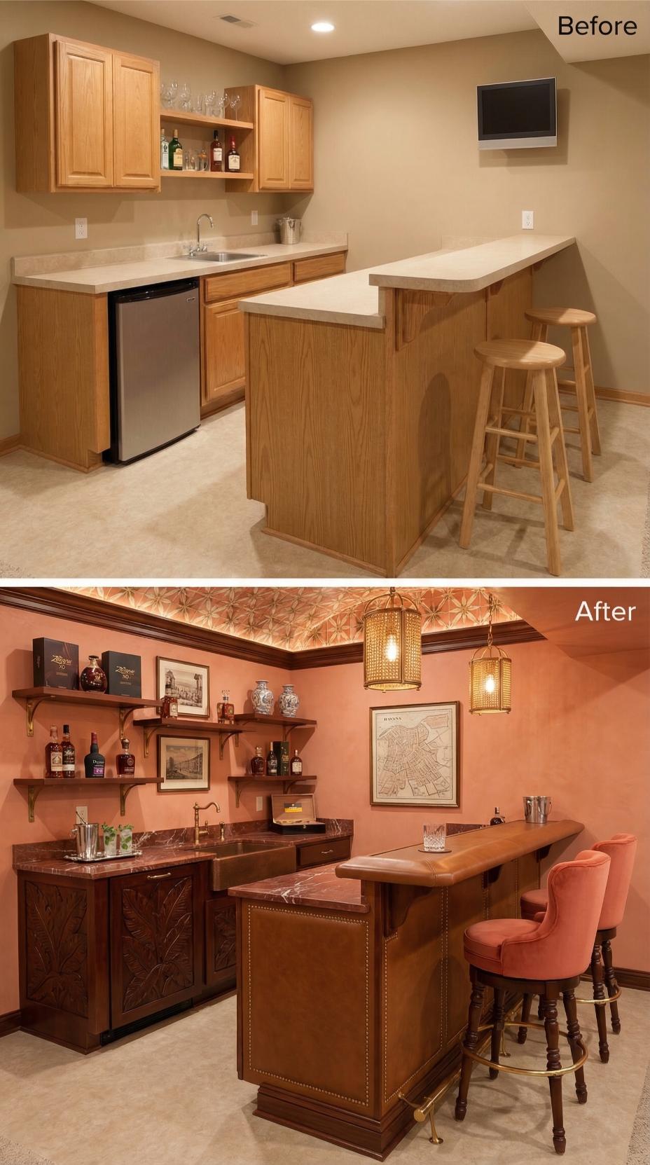 Coral Walls and Carved Tropics Replace Golden Oak Kitchenette