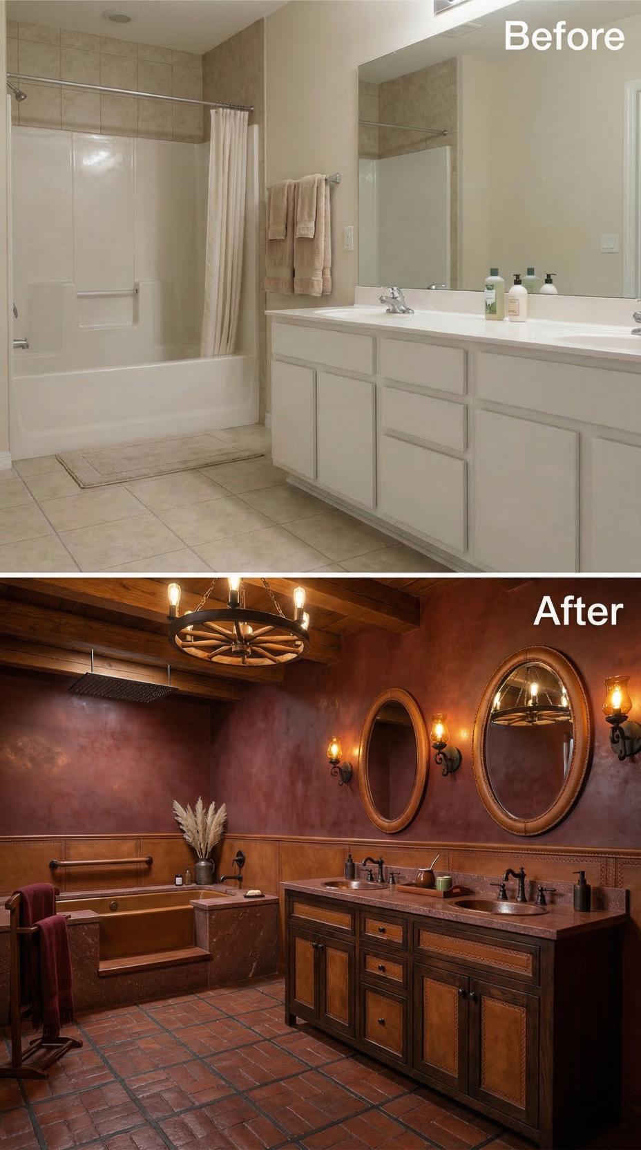 Wagon Wheel Chandelier and Copper Walls with Oval Gold Mirrors