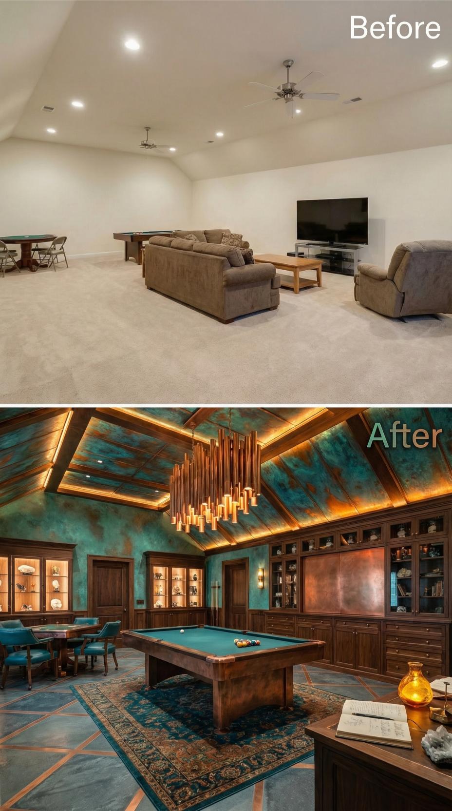 Teal Patina Walls with Copper Inlay Coffered Ceiling and Collector Shelving