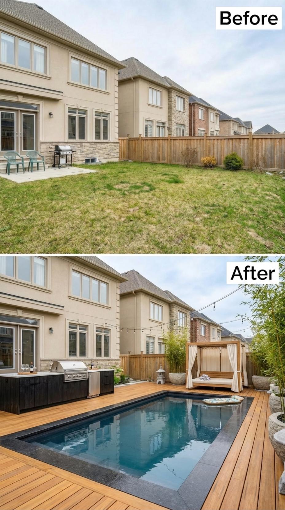Bamboo Privacy Screen, Teak Deck, and an Outdoor Kitchen Replace a Builder Lawn