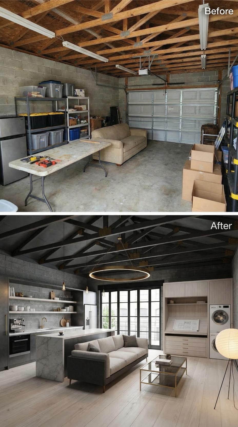 Roof Trusses Painted Black and a Circular Brass Pendant Pulled One Storage Garage Into a Modern Studio Suite