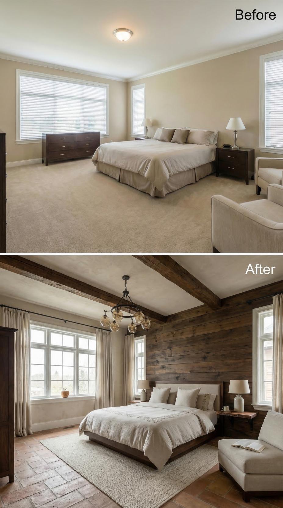 Reclaimed Wood Planks and Exposed Ceiling Beams Buried a Beige Carpet Box