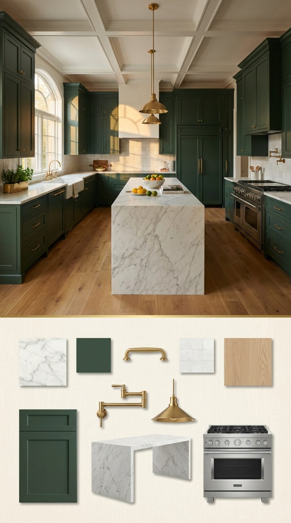 Deep Forest Green Cabinetry with Marble Waterfall Island and Unlacquered Brass Hardware