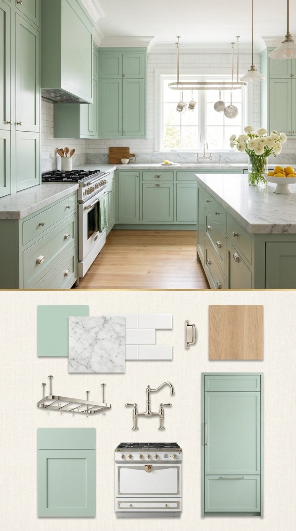 Soft Spearmint Green Shaker Kitchen with Carrara Marble and Polished Nickel Throughout