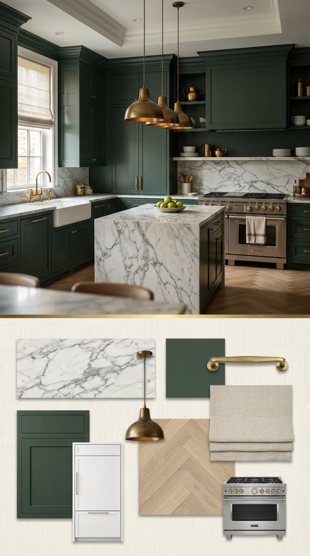 Verdant Vault: Moody Hunter Green Cabinetry with Arabescato Marble and Raw Brass Fixtures