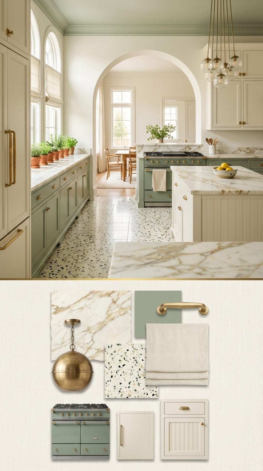 Greenhouse Effect: Sage and Cream Kitchen with Terrazzo Floors and Arched Pass-Through