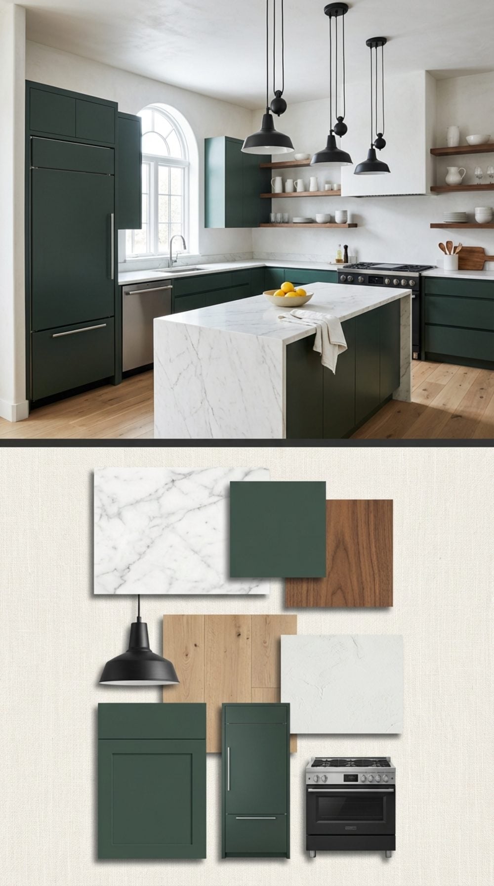 Nordic Forest: Deep Spruce Green Flat-Front Cabinetry with Integrated White Marble and Walnut Accents