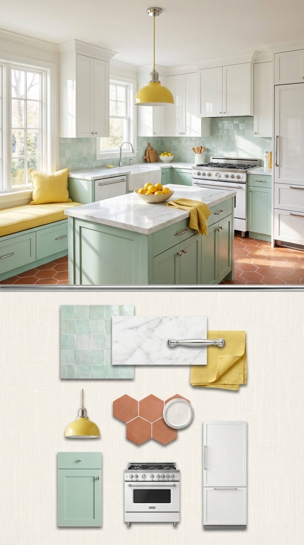 Riviera Revival: Mint and Glossy White Kitchen with Zellige Tile and Lemon Yellow Accents