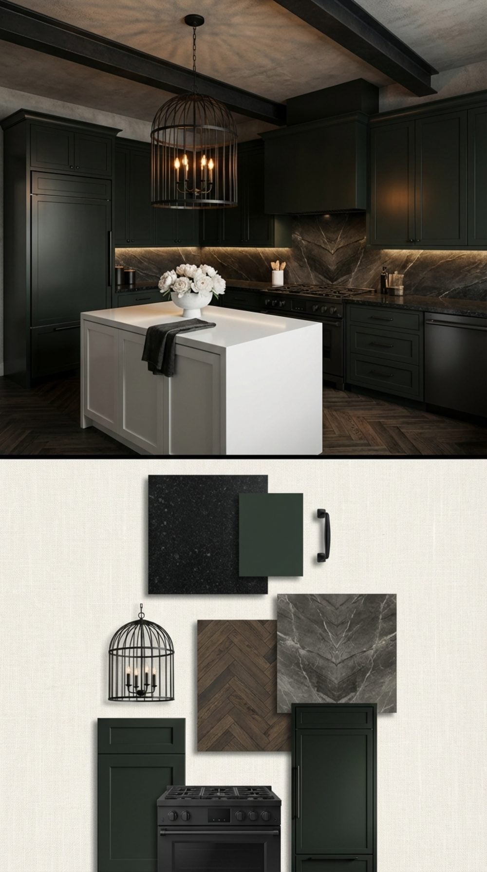 Dark Botanical: Blackened Forest Green and White Lacquer Kitchen with Volcanic Stone Countertops