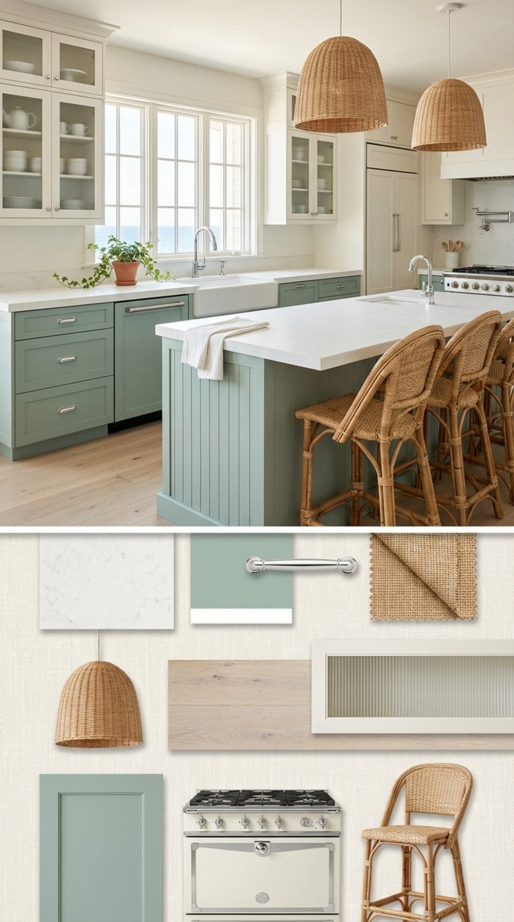 Coastal Conservatory: Sea Glass Green and Warm White Kitchen with Fluted Glass Cabinets and Rattan Details