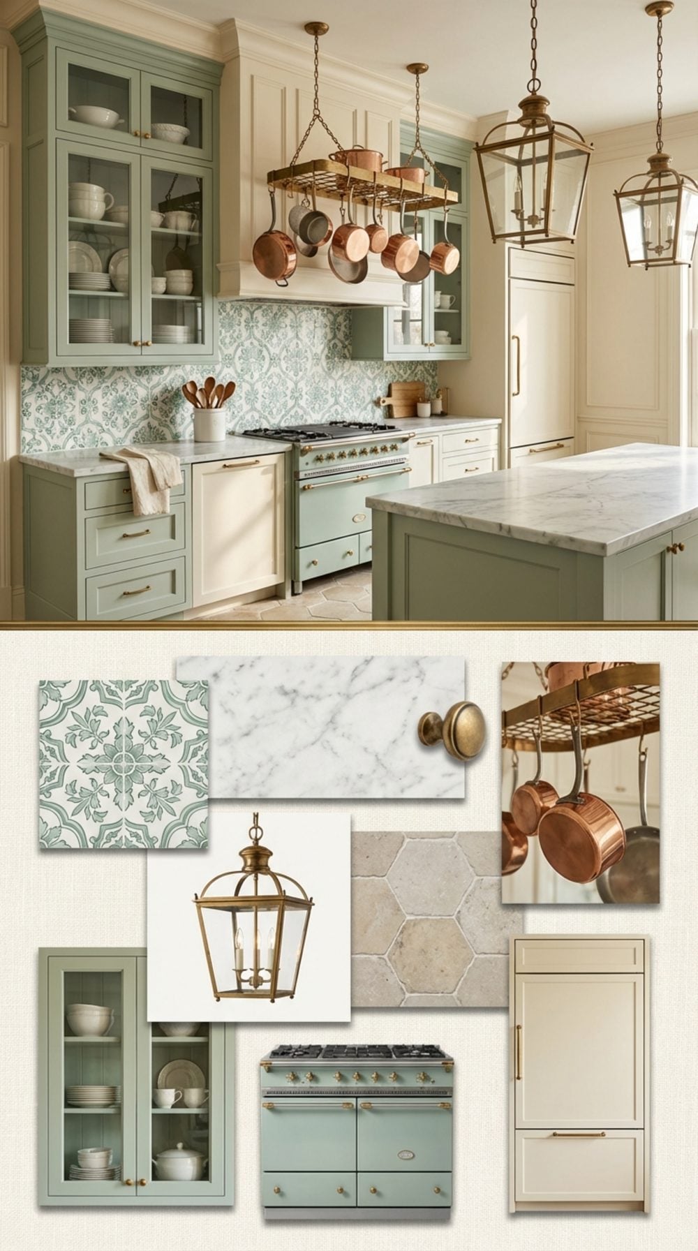 Parisian Patisserie: Celadon Green and Cream Kitchen with Handpainted Tile and Antique Brass Pot Rack