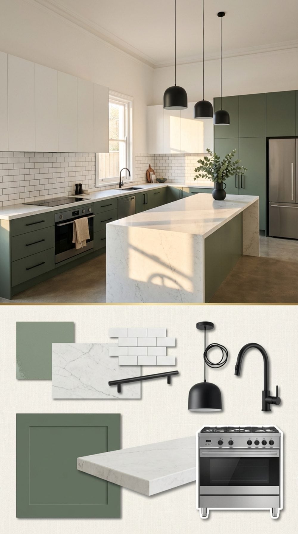 Sage Green Flat-Front Cabinetry with Quartzite Countertops and Matte Black Fixtures