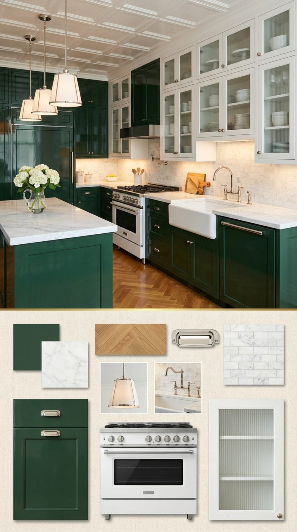 Hunter Green Lacquered Cabinetry with Fluted Glass Uppers and Polished Nickel Details