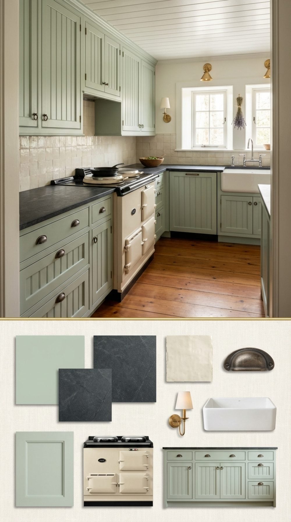Celadon Green Inset Cabinetry with Soapstone Countertops and Aged Iron Hardware