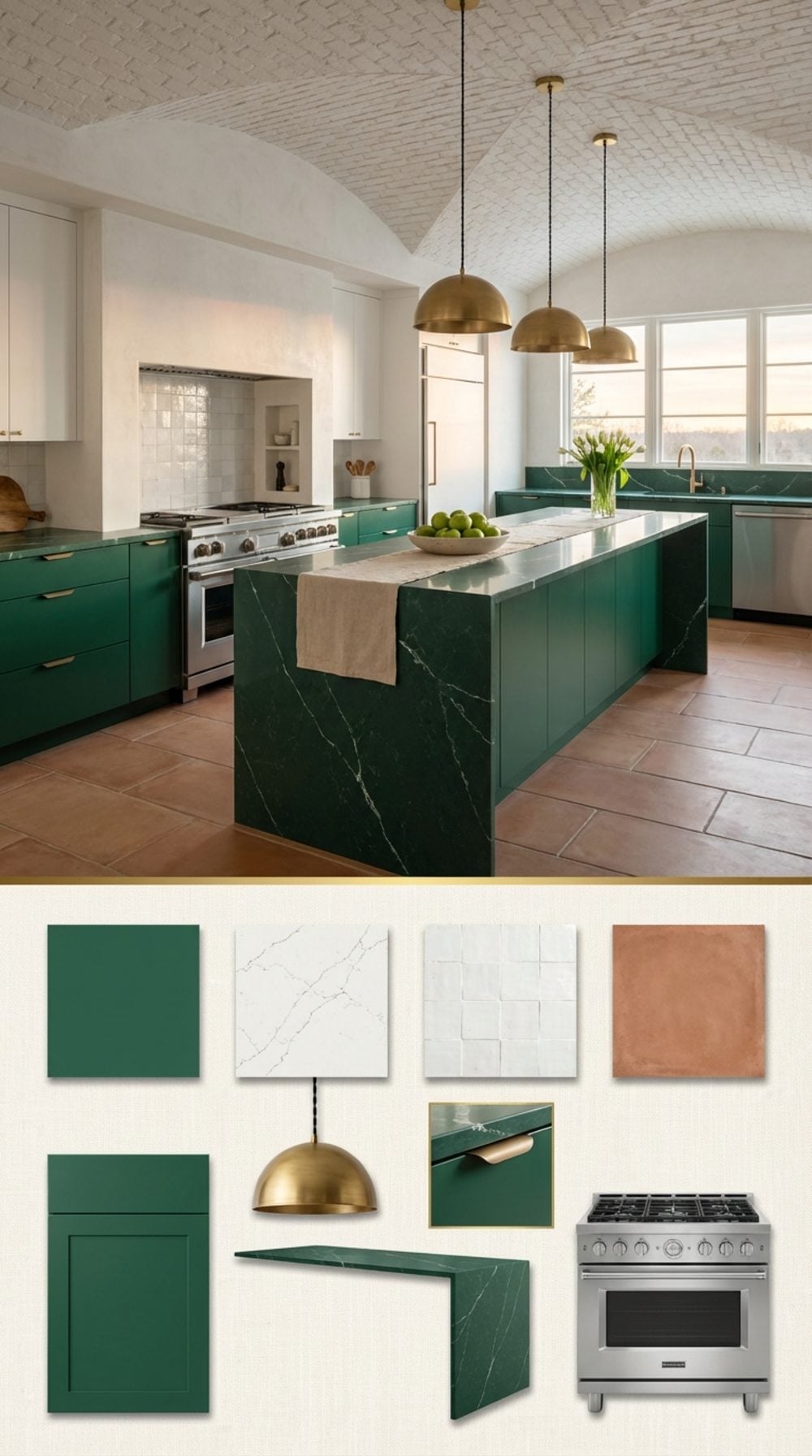 Emerald Green Two-Tone Kitchen with Limewash White Walls and Waterfall Quartz Peninsula
