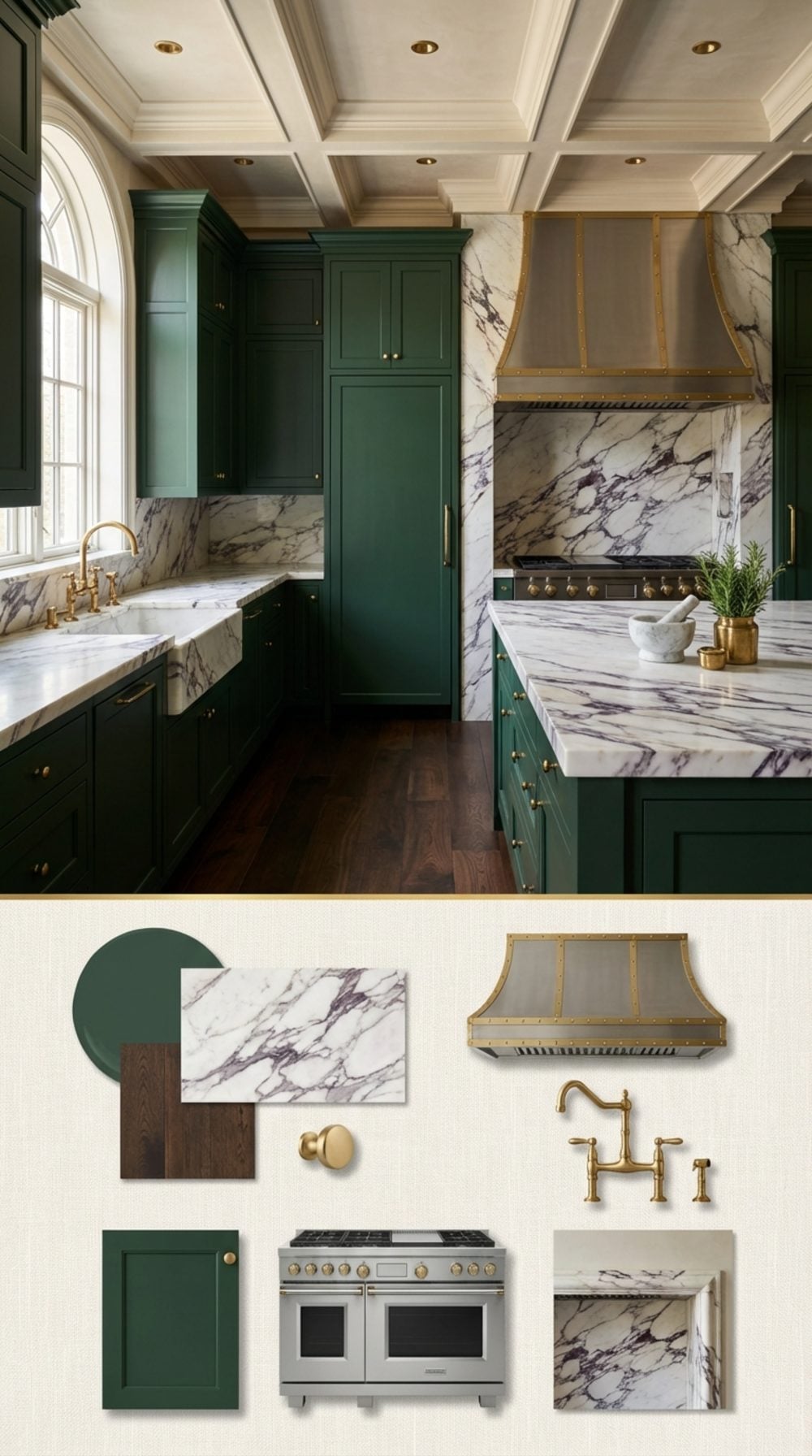 British Racing Green Cabinetry with Marble Slab Backsplash and Unlacquered Brass Fixtures