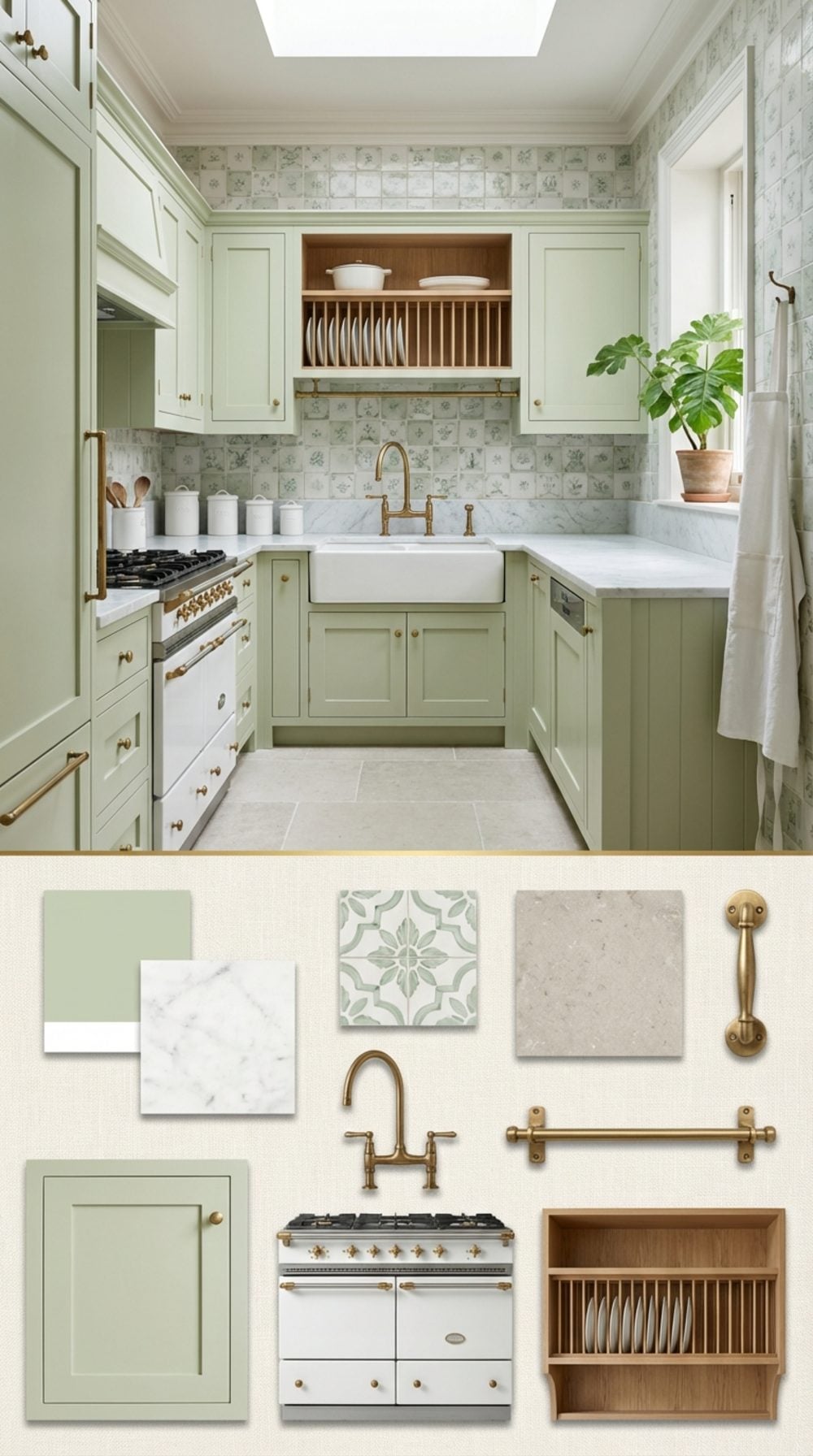 Pale Pistachio Green Scullery Kitchen with Aged Brass Fittings and Hand-Painted Tile Walls