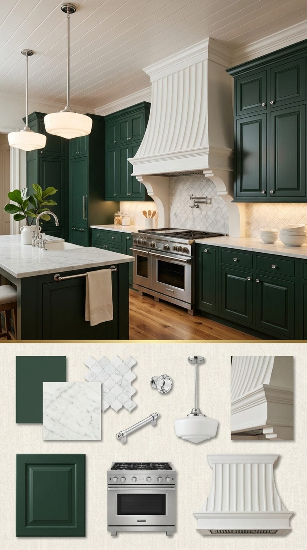 Bottle Green Cabinetry with Fluted Plaster Range Hood and White Shiplap Ceiling