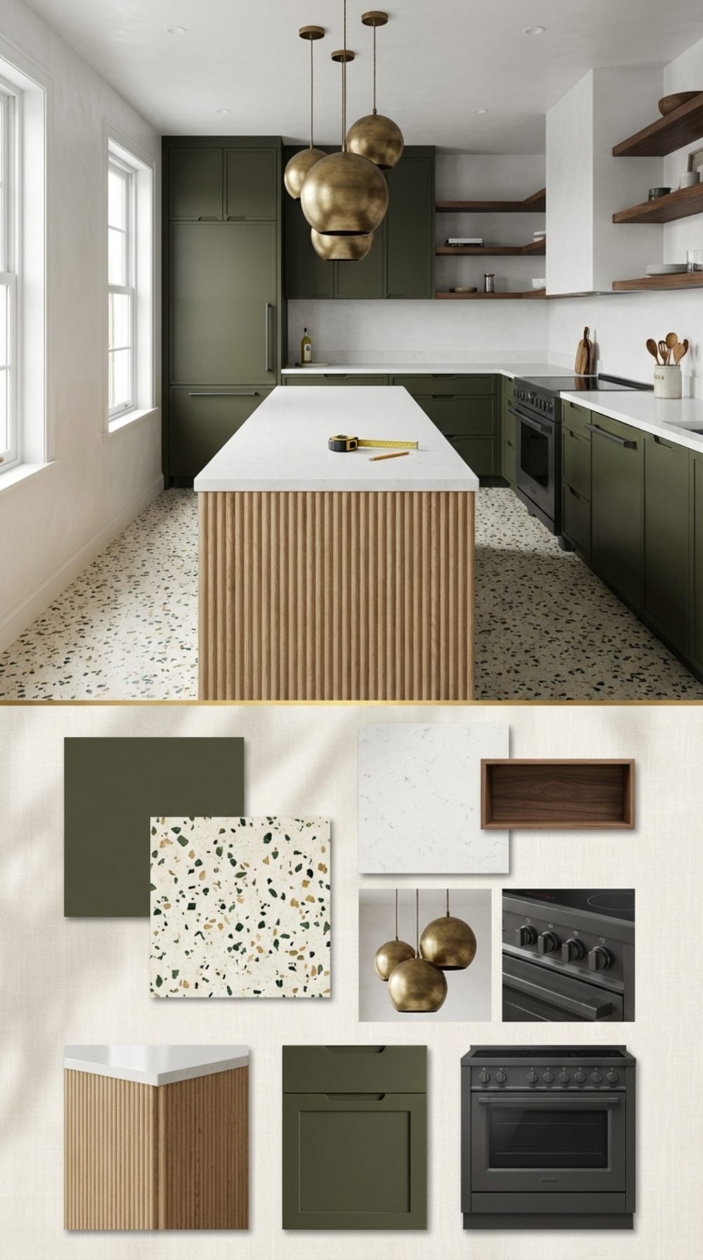Dark Olive Green Kitchen with Terrazzo Floors, Fluted Oak Island, and Integrated Appliances