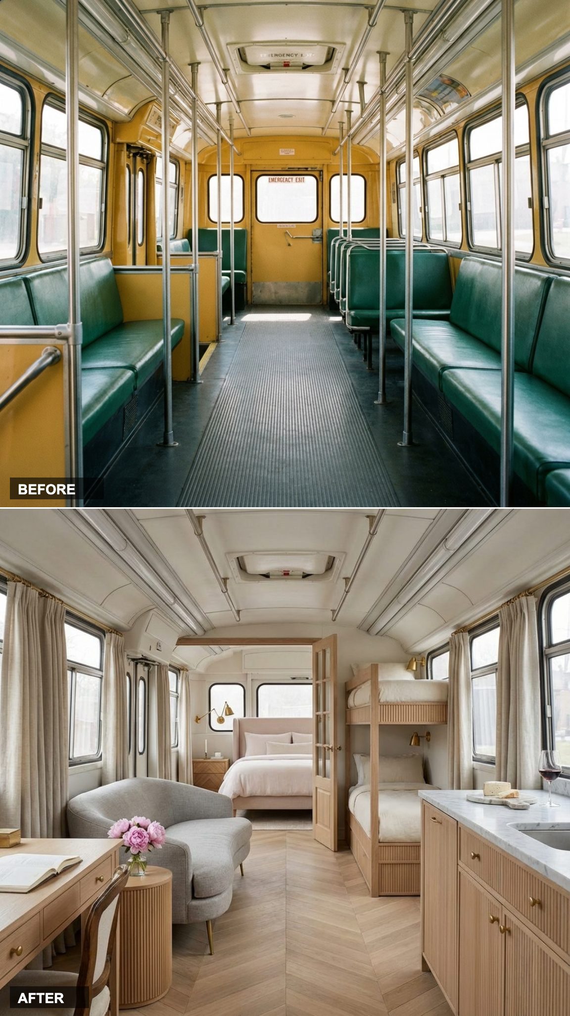 French Contemporary Refinement: Stone Grey Linen, Brass Legs, and Fluted Oak Panels