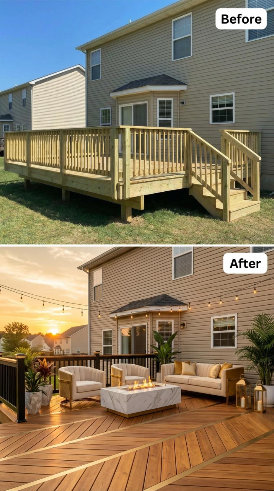 Fresh Lumber Transformed into Dark-Railed Fire Table Lounge at Golden Hour