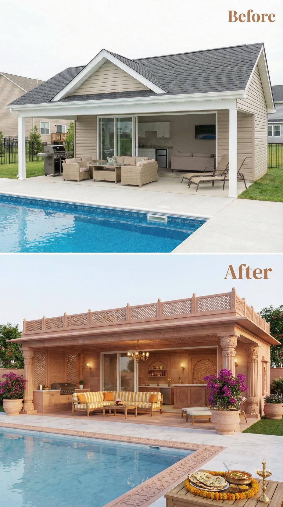 Latticed Terracotta Pavilion with Ornate Columns Replaces Simple Patio Cover