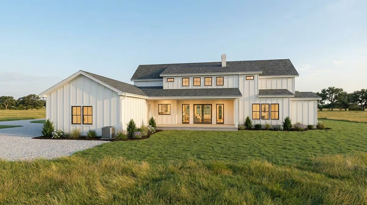 White Board-and-Batten Farmhouse Rear Elevation With Covered Porch