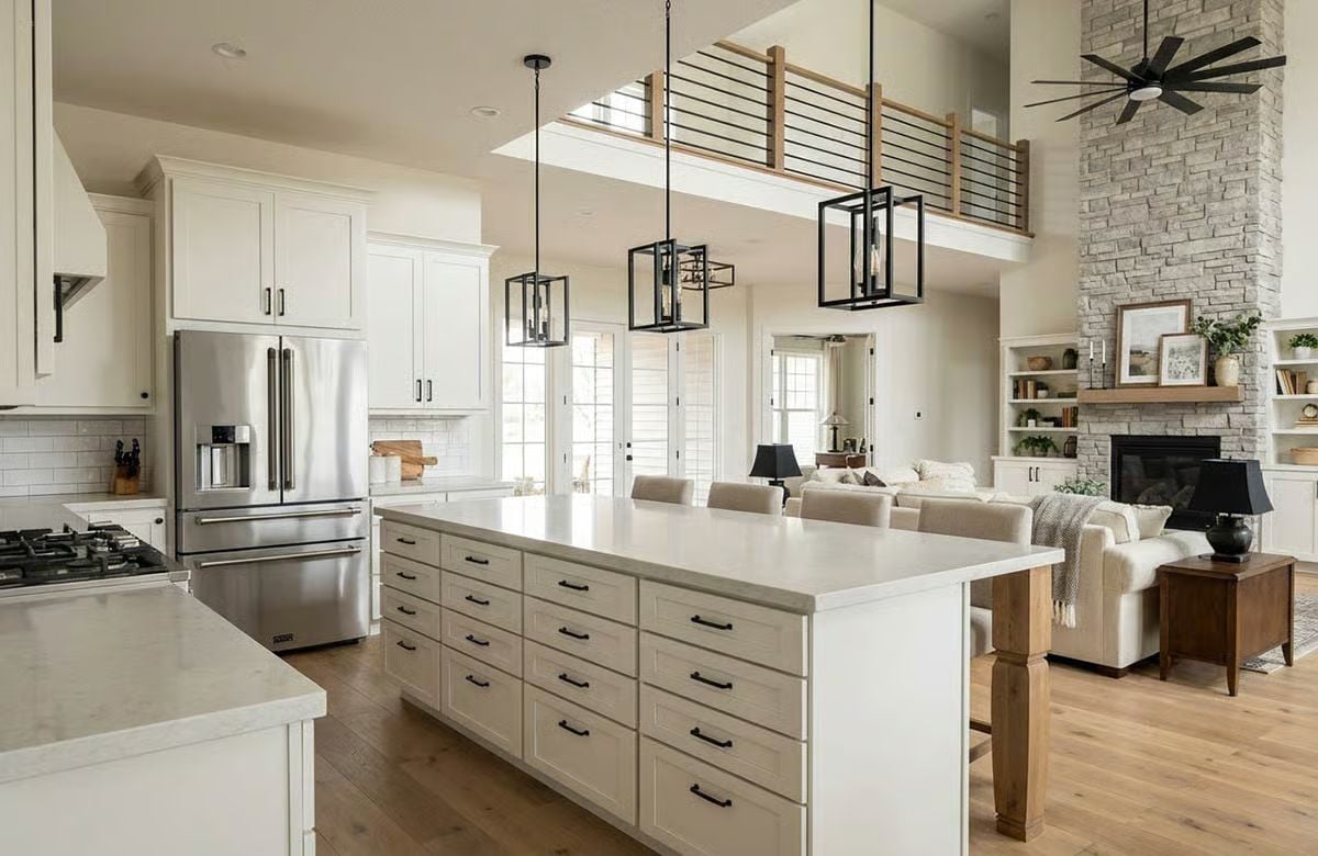 Black Lantern Pendants Over a Sprawling Kitchen Island With Loft Views Above
