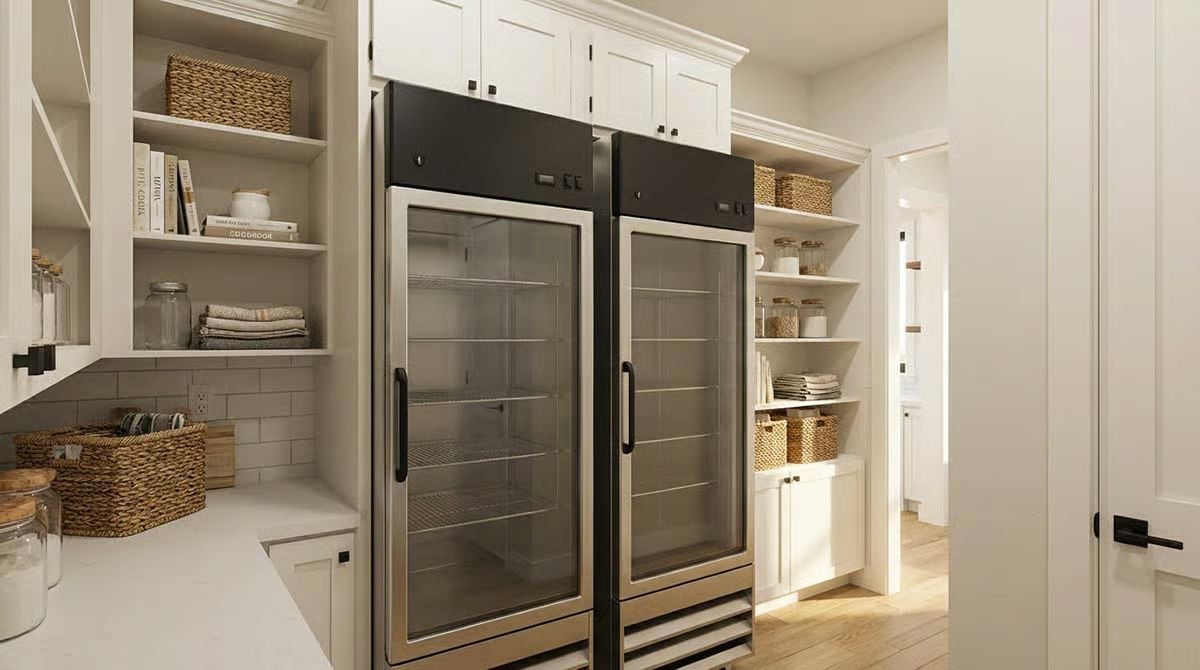 Glass-Door Refrigerators Anchor a Fully Stocked Walk-In Pantry