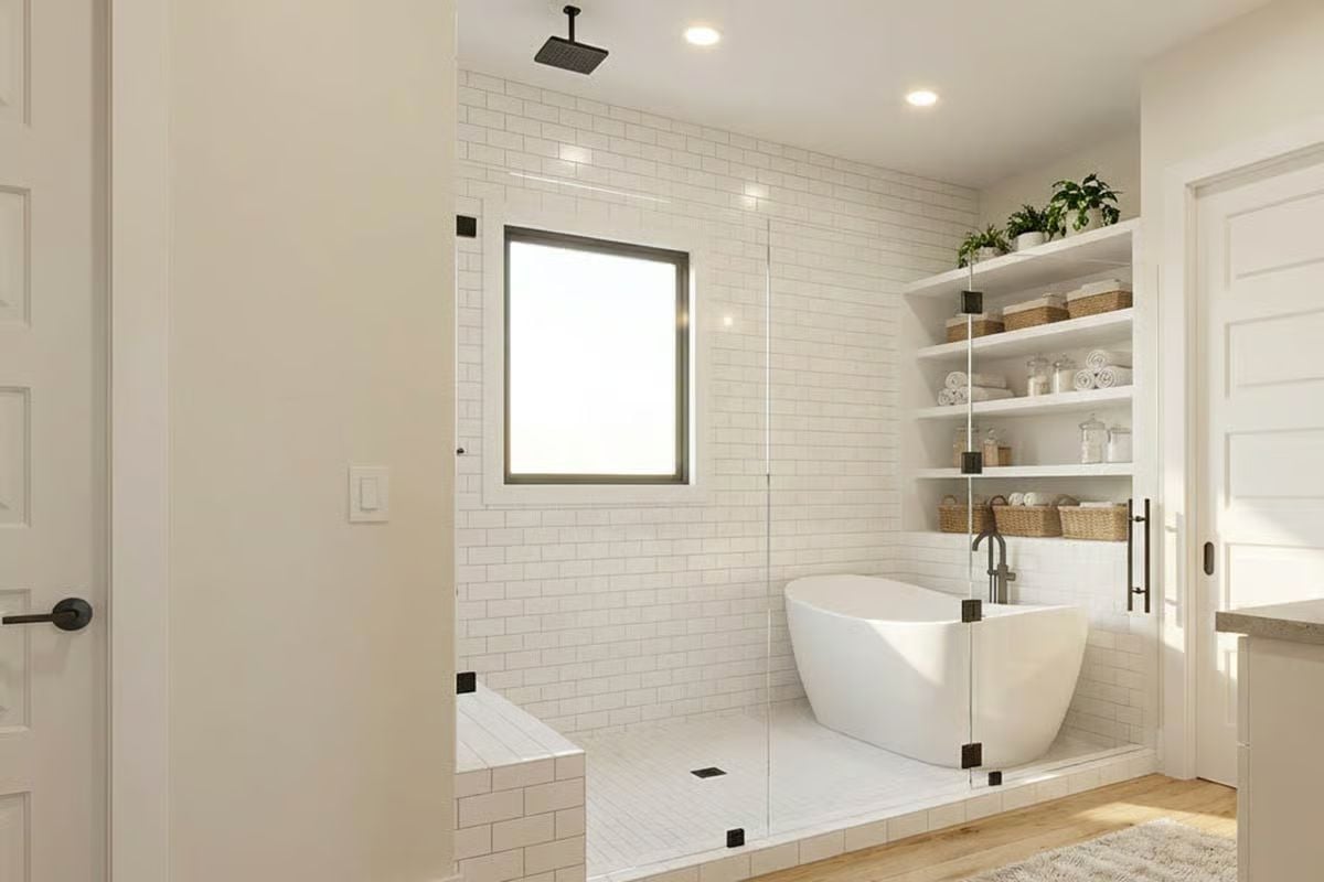 Freestanding Soaking Tub Inside a Glass-Enclosed Shower With Open Shelving