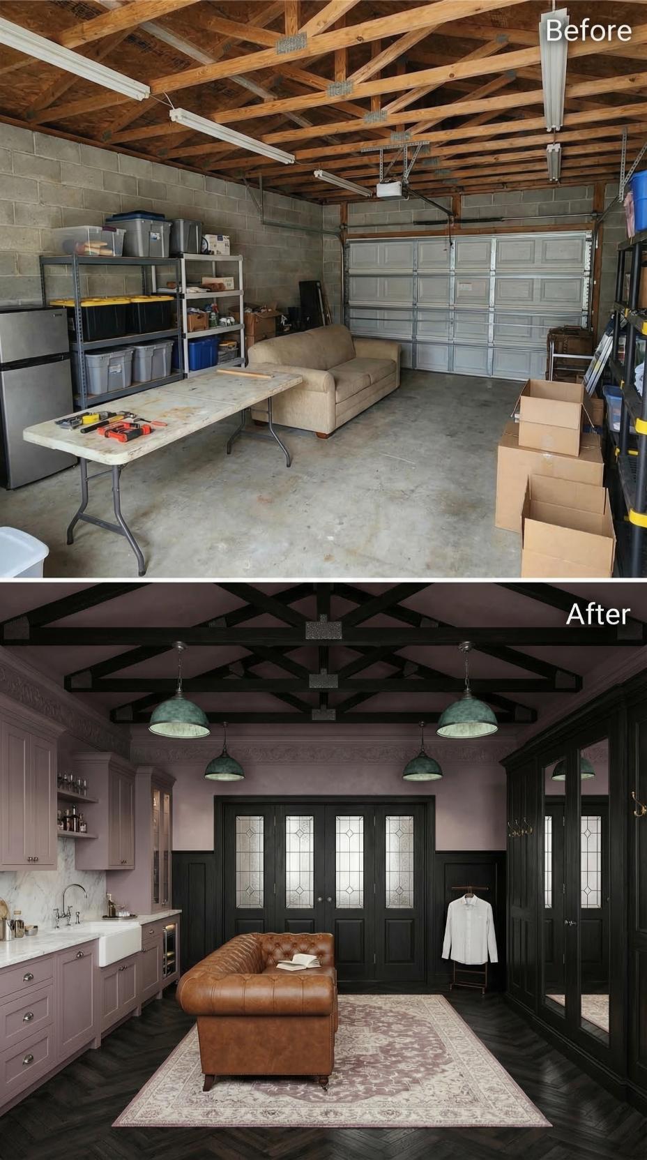 Dark Trusses, a Chesterfield Sofa, and Leaded Glass Doors Pulled One Storage Garage Into a Gothic Study