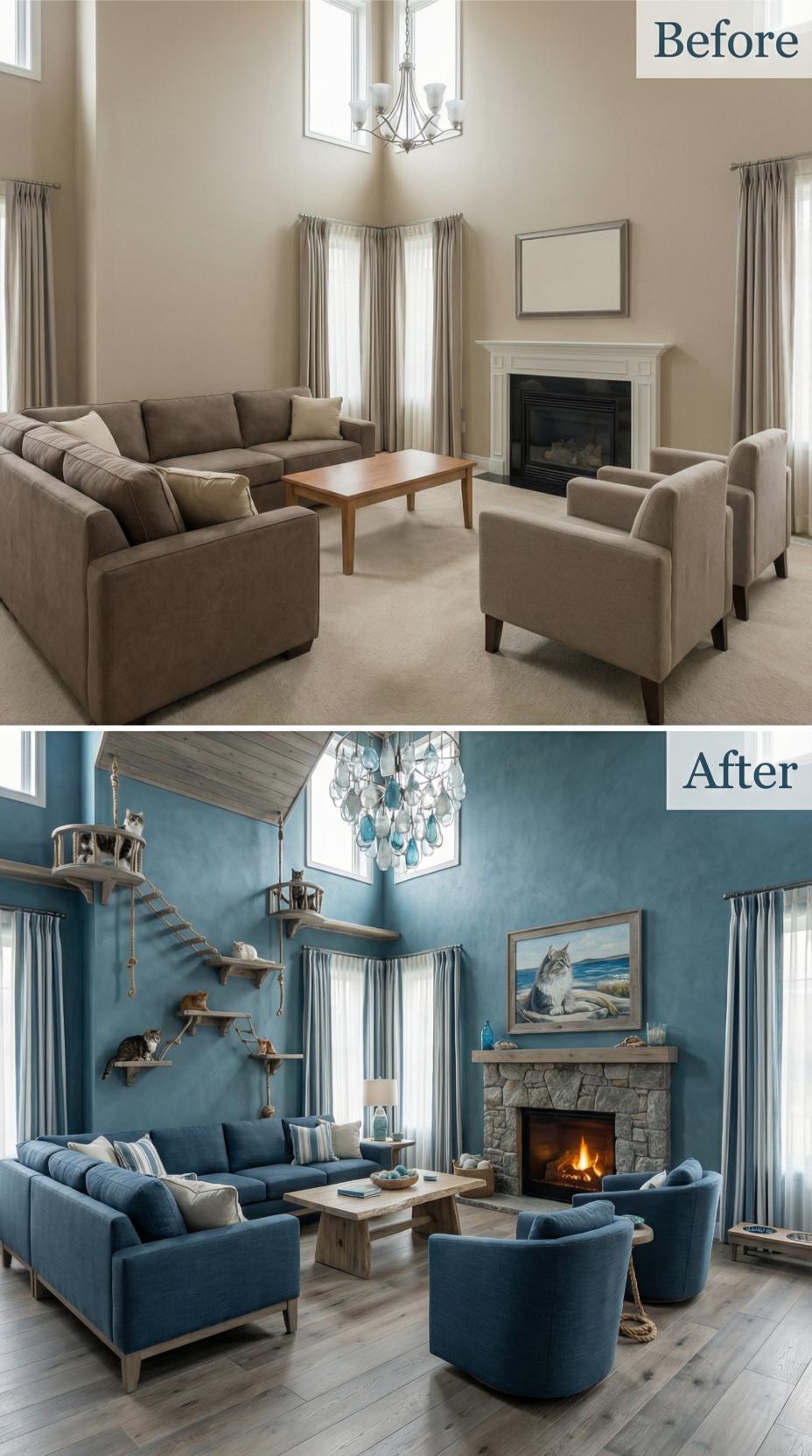 Teal Walls and Nautical Cat Bridges Convert Carpet Neutrals