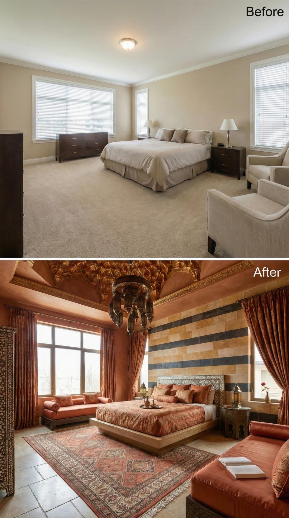 Moroccan Muqarnas Ceiling and Stone-Striped Headboard Wall Buried Beige Carpet