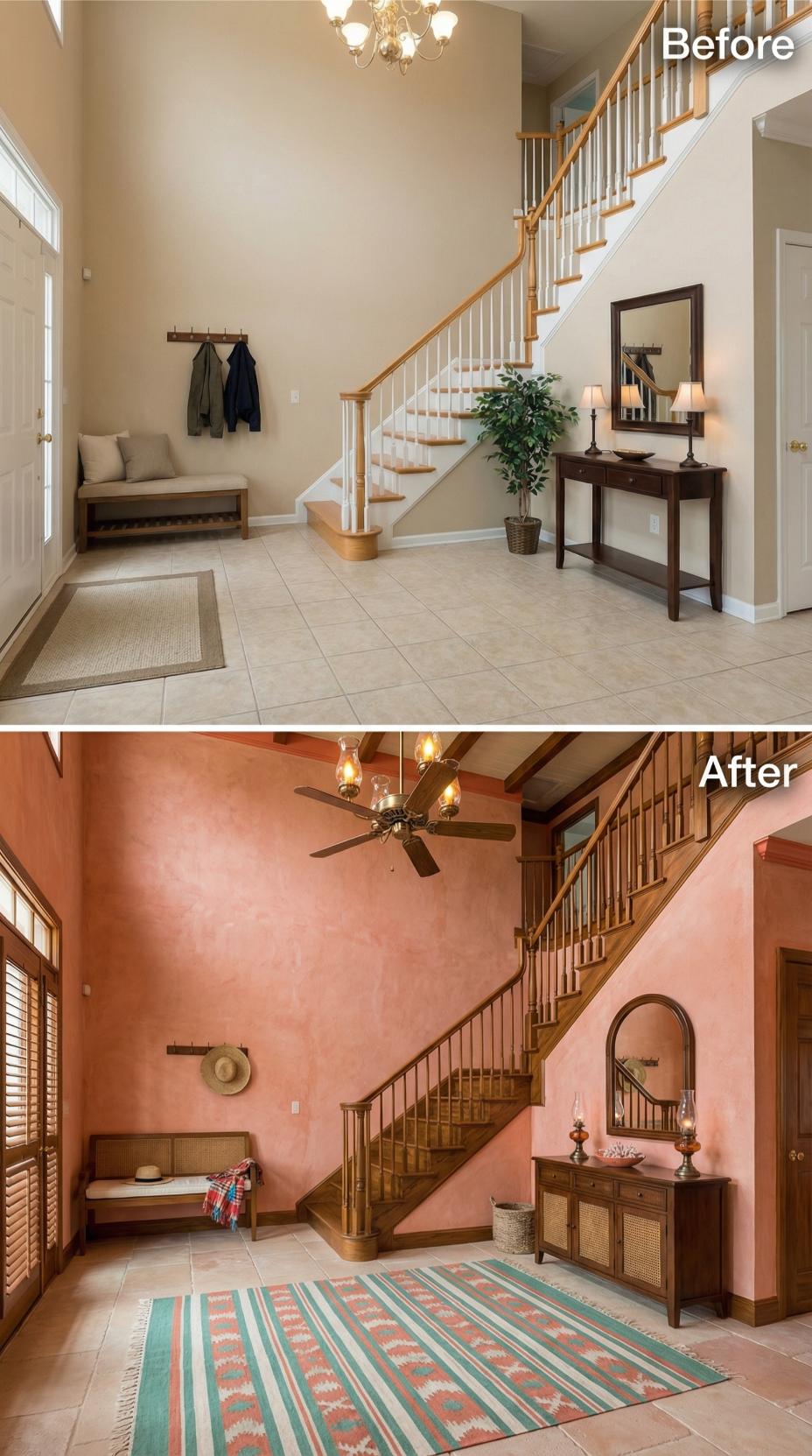 Venetian Plaster in Fired Coral and Cane-Panel Furniture Retire White Balusters