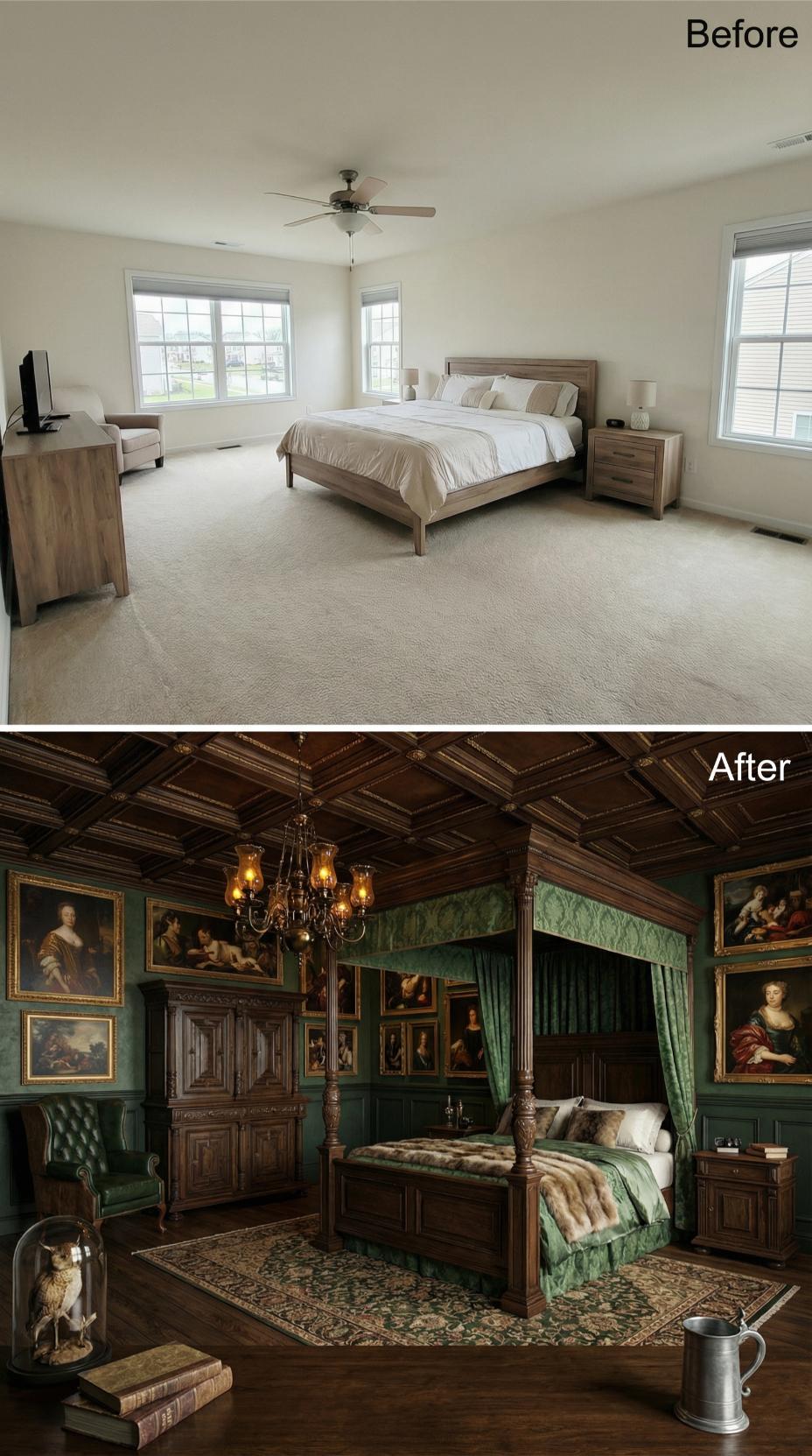 Dark Walnut Coffered Ceiling, Green Damask Canopy, and Oil Portraits Covering Every Wall