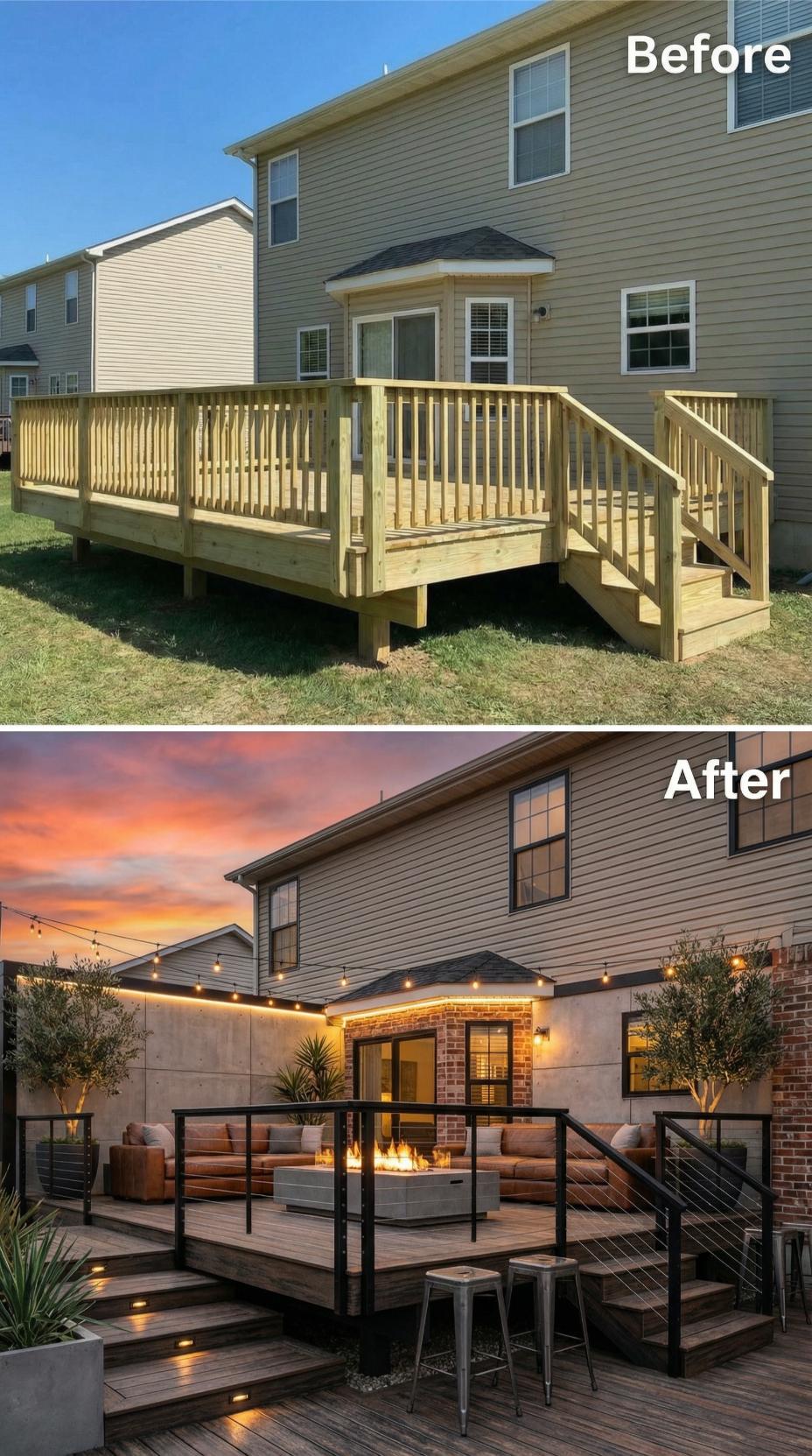 Black Metal Cable Rails and Built-In Fire Table Under String Cafe Lights