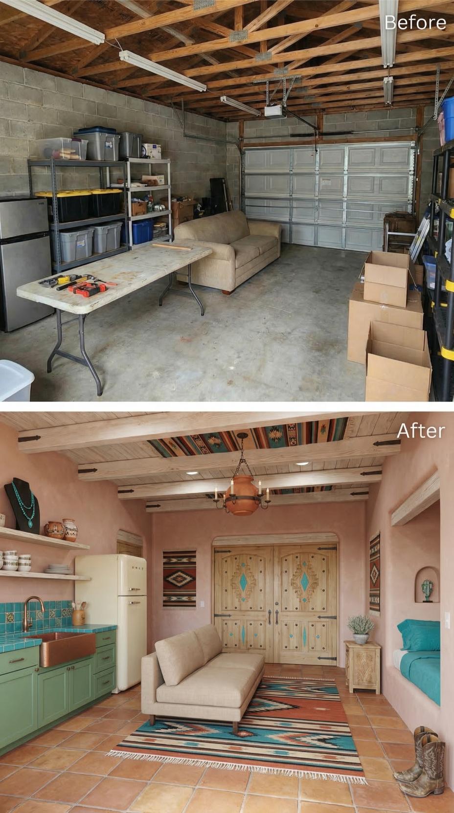 Adobe Pink Plaster, Saltillo Tile, and Hand-Painted Garage Doors Gave One Storage Bay a Southwest Studio