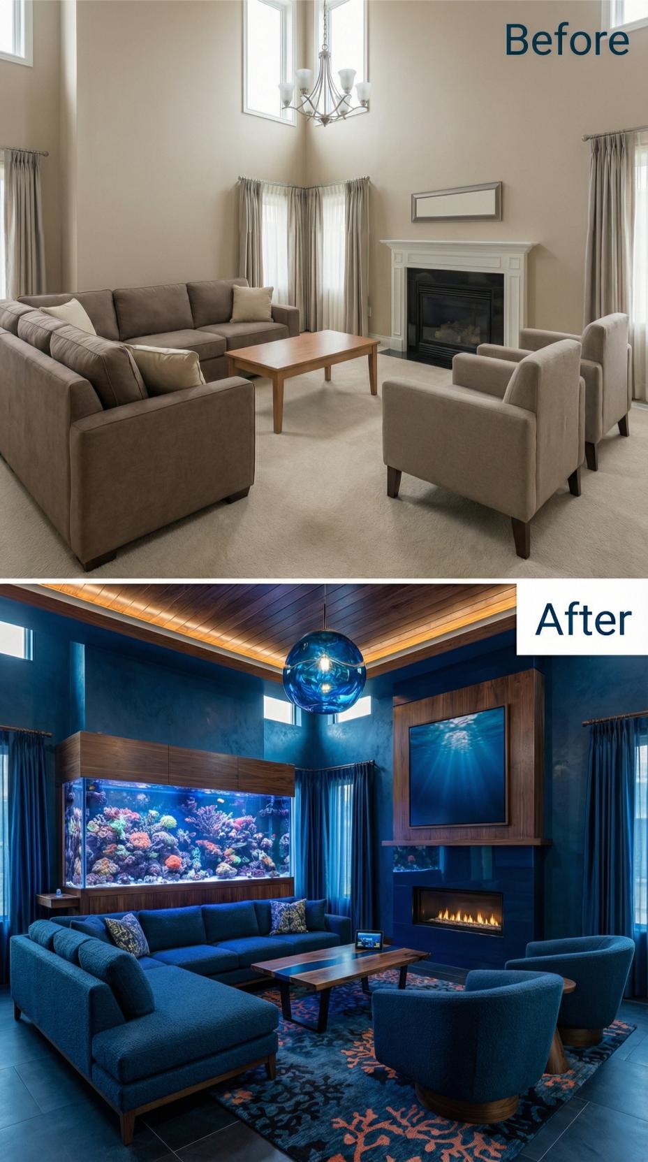 Sapphire Walls and Saltwater Reef Tank Replace Beige Monotony