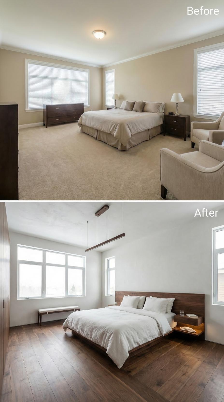 Walnut Platform Bed and Linear Pendant Replace Beige Carpet and Table Lamps