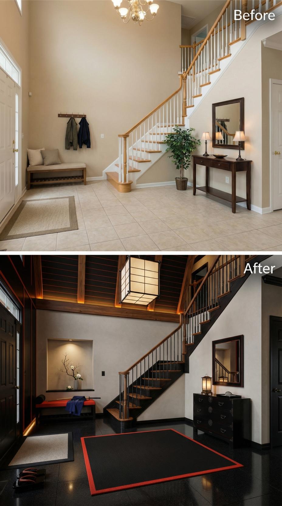 Shoji Paper, Black-Stained Stairs, and Cedar Ceiling Beams Replace Beige Tile