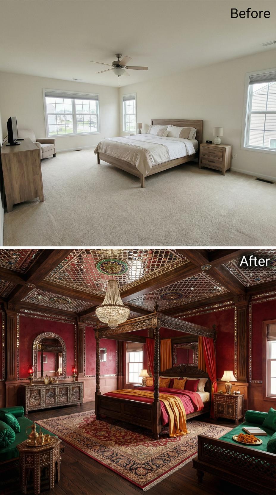 Mirrored Lattice Ceiling, Carved Walnut Four-Poster, and Crimson Walls Wrapped in Syrian Inlay