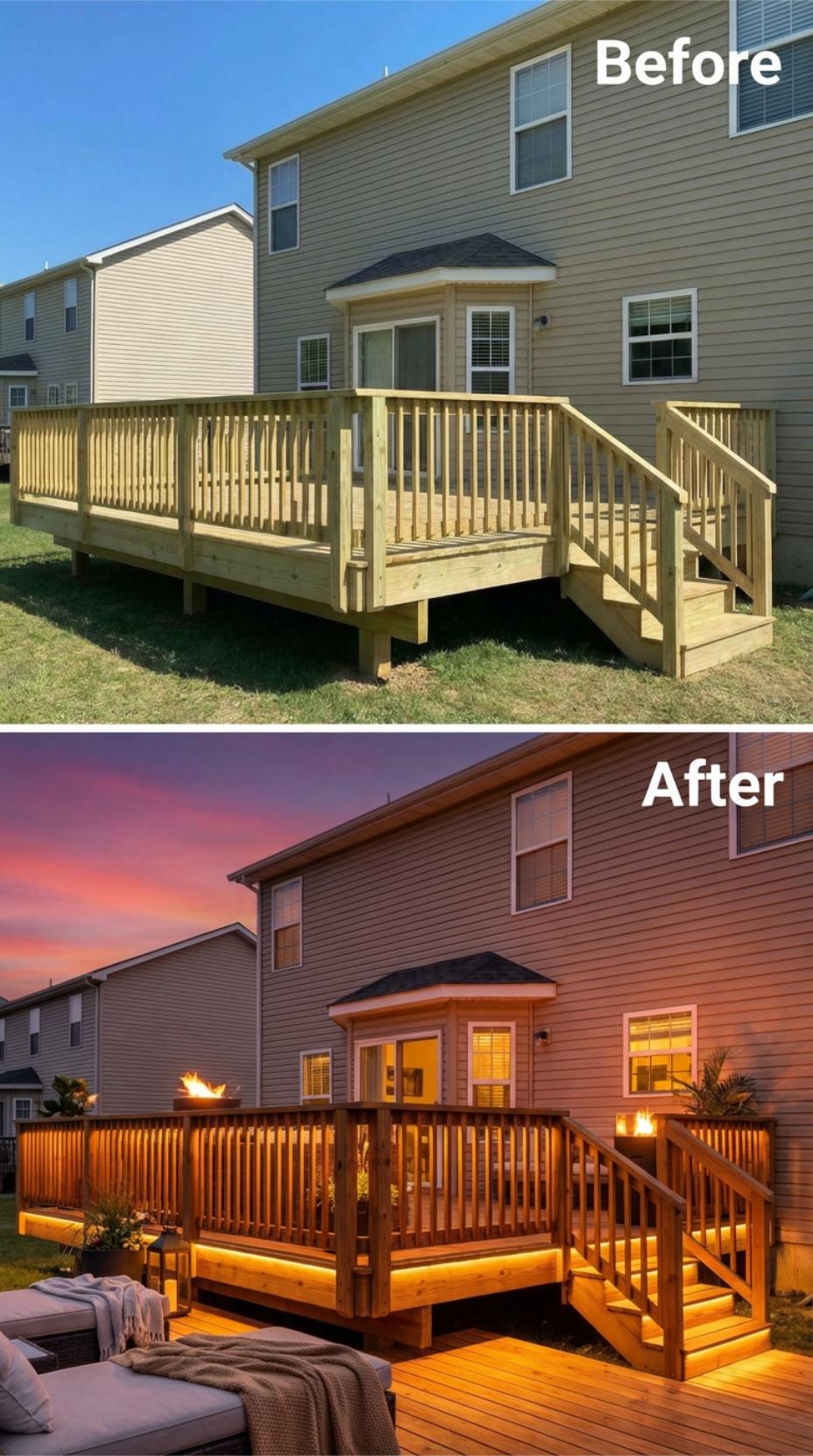 Bare Pine Rails and Steps Gain Amber LED Underlighting and Fire Bowl Glow