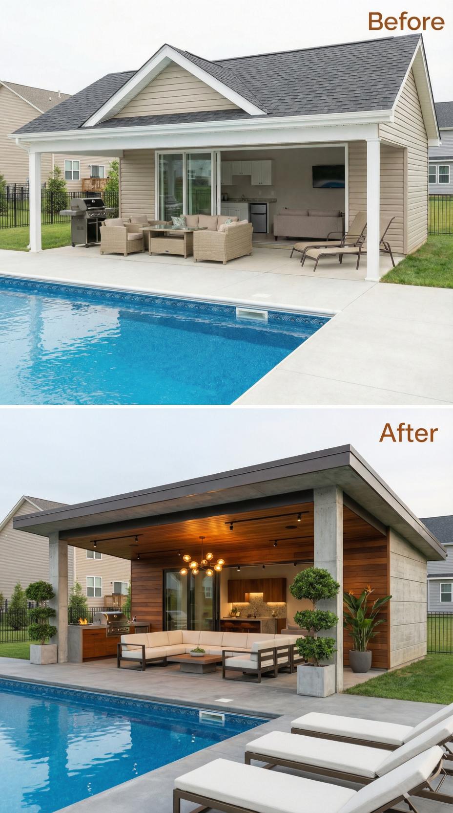 Walnut Horizontal Slats and Concrete Pillars Frame Modern Entertaining Zone