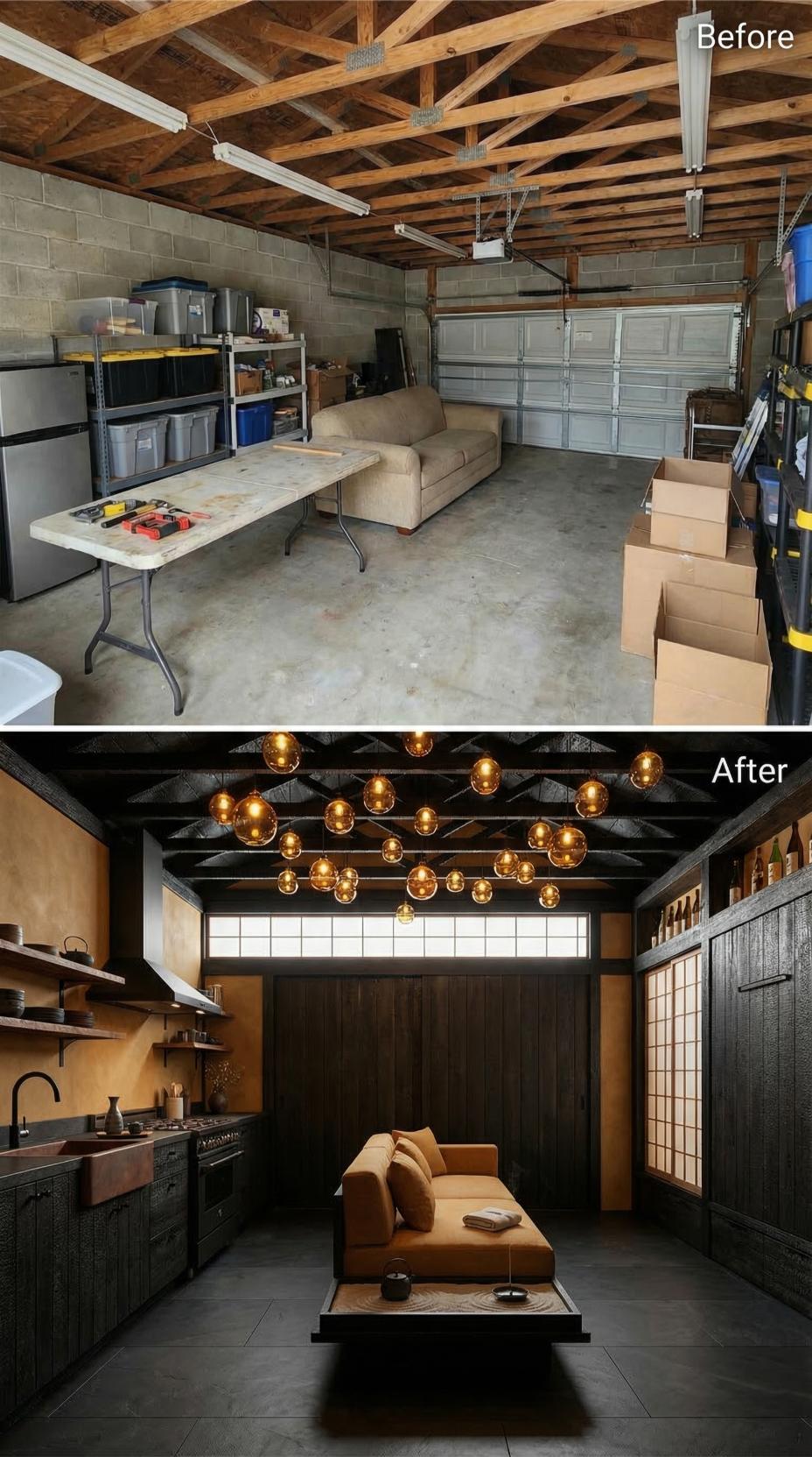 Roof Trusses Stained Black and Amber Globe Pendants Pulled One Storage Garage Into a Japanese Izakaya Suite