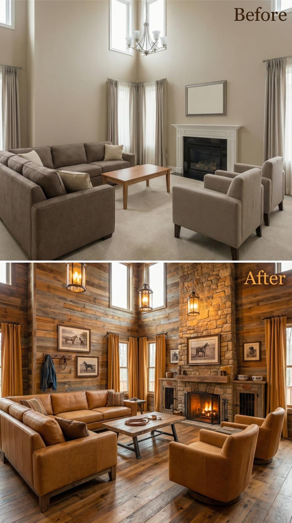 Horizontal Plank Walls and Stone Chimney Replace Beige Carpeted Calm