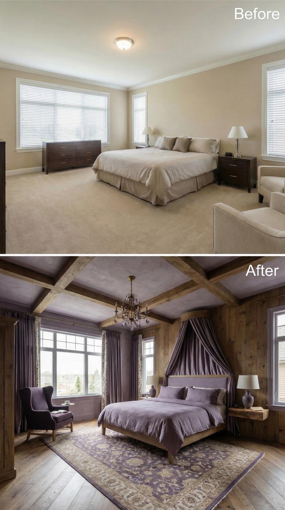 Reclaimed Beam Coffers and Lavender Velvet Canopy Replaced Beige Carpet and a Flush Mount